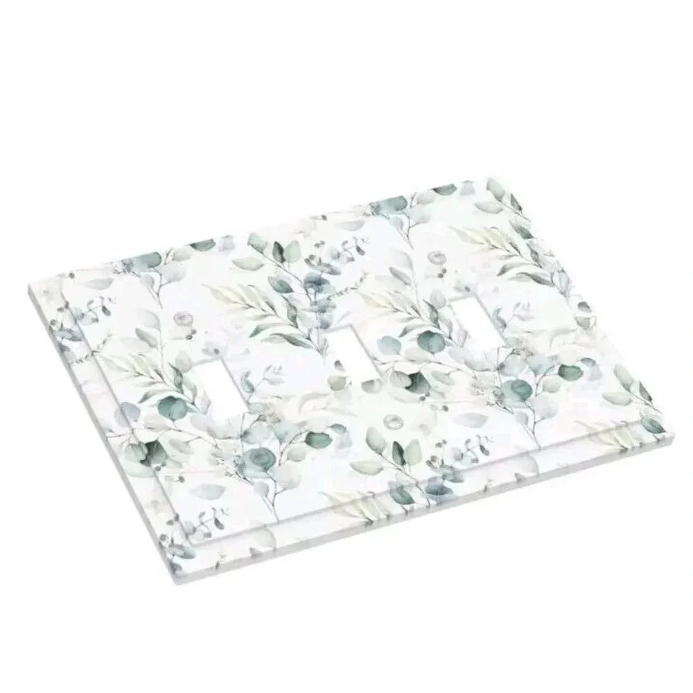 Green/White Eucalyptus Leaf 3 Gang Light Switch Cover Decorative Triple Toggle